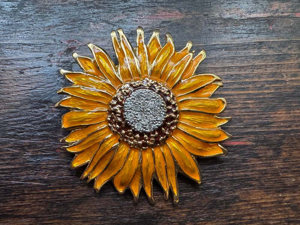 90's Vintage Joan Rivers Sunflower Enamel Rhinestone Brooch Pin